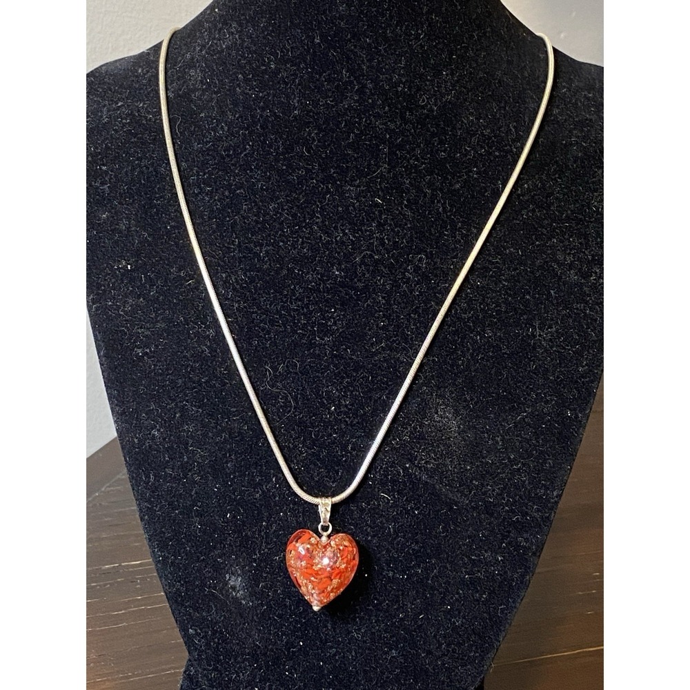 Sterling Silver 18" Snake Chain Red Gold Murano Glass Millefiori Heart Pendant